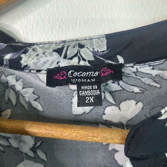 Cocomo Woman Black Floral Blouse 2X Button Front Ruffle Sleeve Lightweight Top - Picture 5 of 10